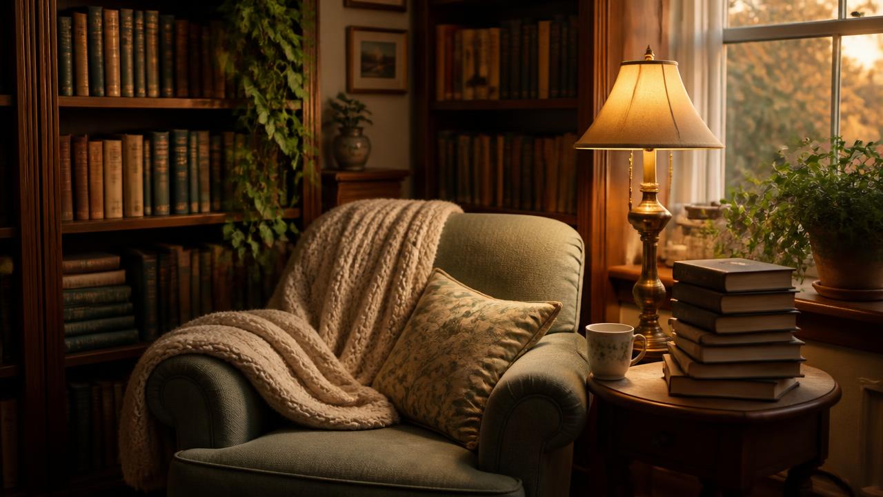 A cozy reading nook with bookshelves, a warm lamp and plants